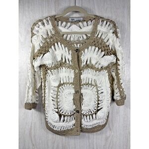 Zara Womens Large Boho Crochet Sweater Gold White Fringe Knit Festival